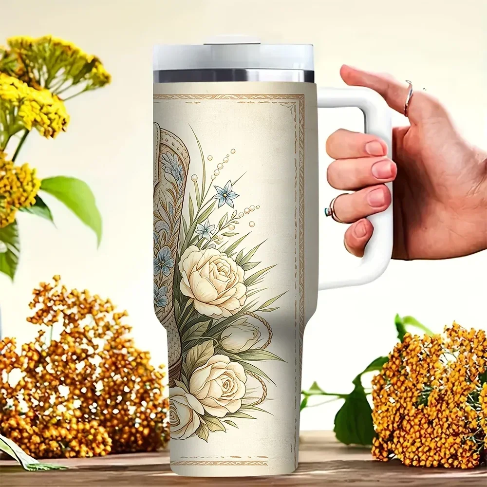 40oz Tumbler with Handle, Vintage Cowboy Boots Floral Rose Print Cup for Hot And Cold Drinks, Suitable for Women Daily Use Outdoor Camping Travel And Picnic Scenes