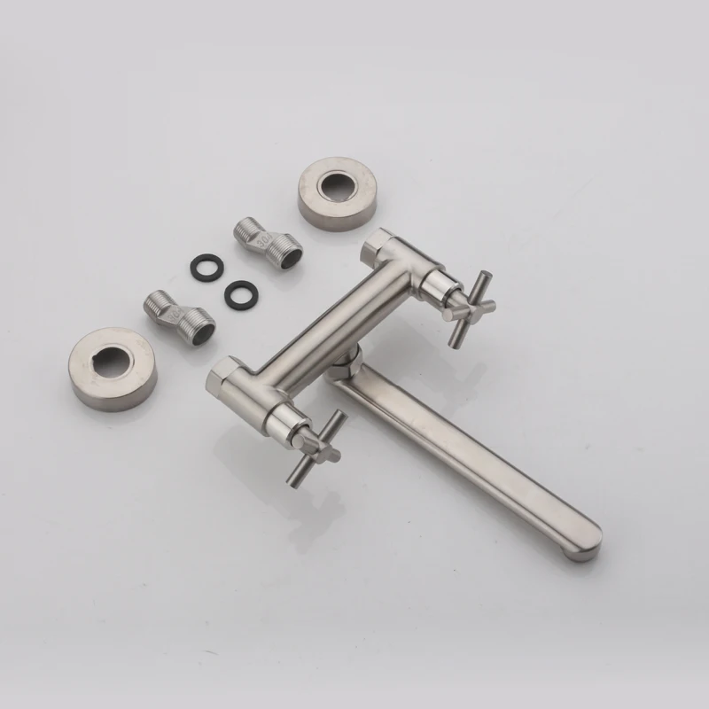 صنبور حوض المطبخ بفتحة مزدوجة مثبت على الحائط قابل للدوران 360 درجة °   صنبور حوض السفينة الحديث بمقبضين، صنابير خلاط باردة وساخنة مصقولة