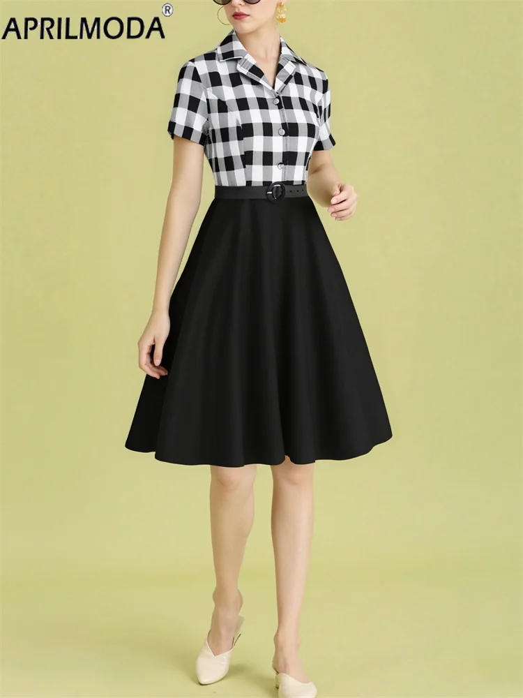 Elegant Black Vintage Summer Runway Pinup Dresses with Belt V Neck 50s Style A Line Patchwork Plaid Print Solid Short Prom Dress