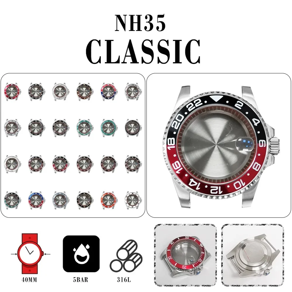 

316L stainless steel dense bottom 40mm case + red inner shadow ring + sapphire magnifying glass can be installed NH35/NH36