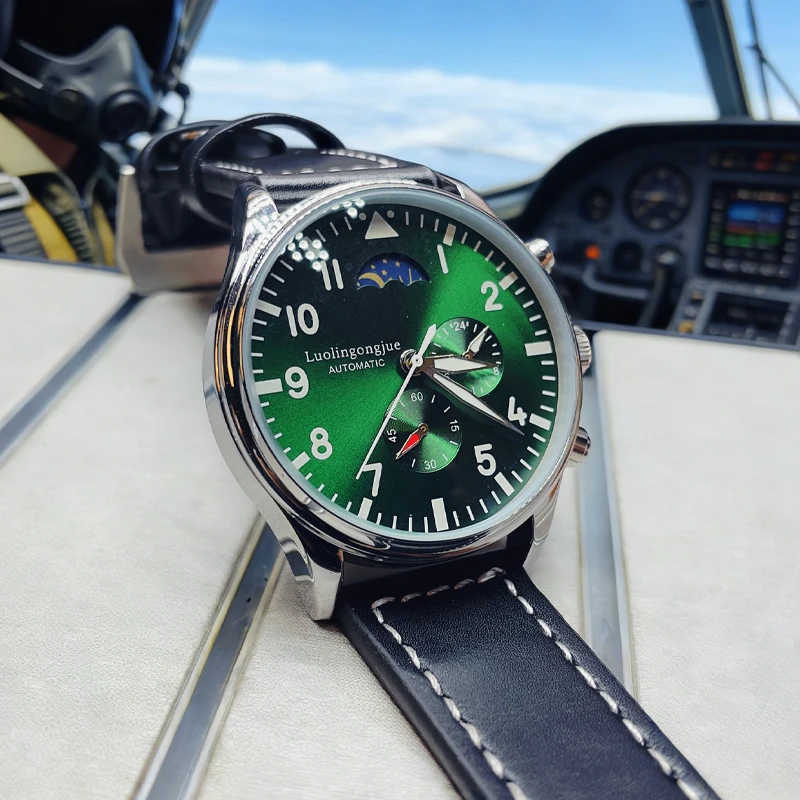 Sports Men's Automatic Mechanical Watch with Skeleton Design, Round Dial, Moon Phase Sub-Dial, Luminous Leather Strap, Waterproof, Fashionable Business Casual Men's Watch, Suitable for Travel and Daily Use, with Up/Down Button Decoration