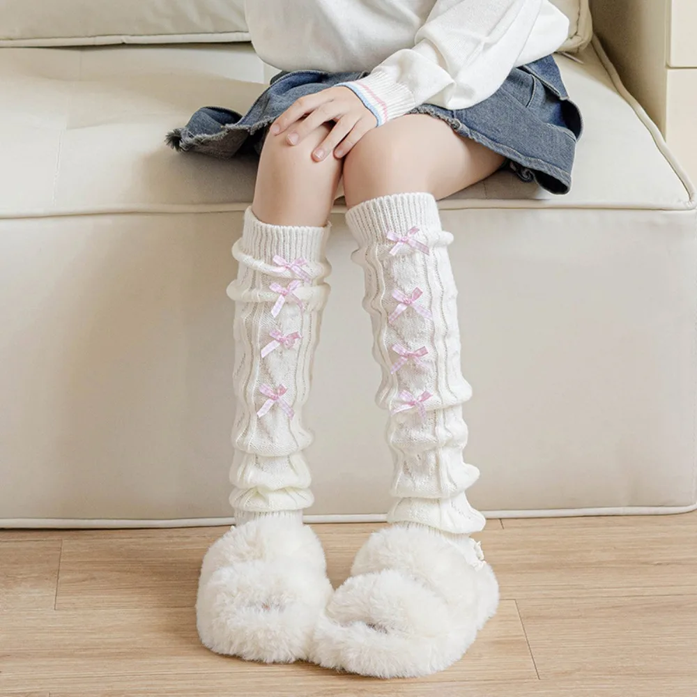 

Kawaii Korean Style Children's Leg Warmers JK Lolitas Knitted Leg Cover Pile Socks Long Stockings Plaid Bow Socks Baby