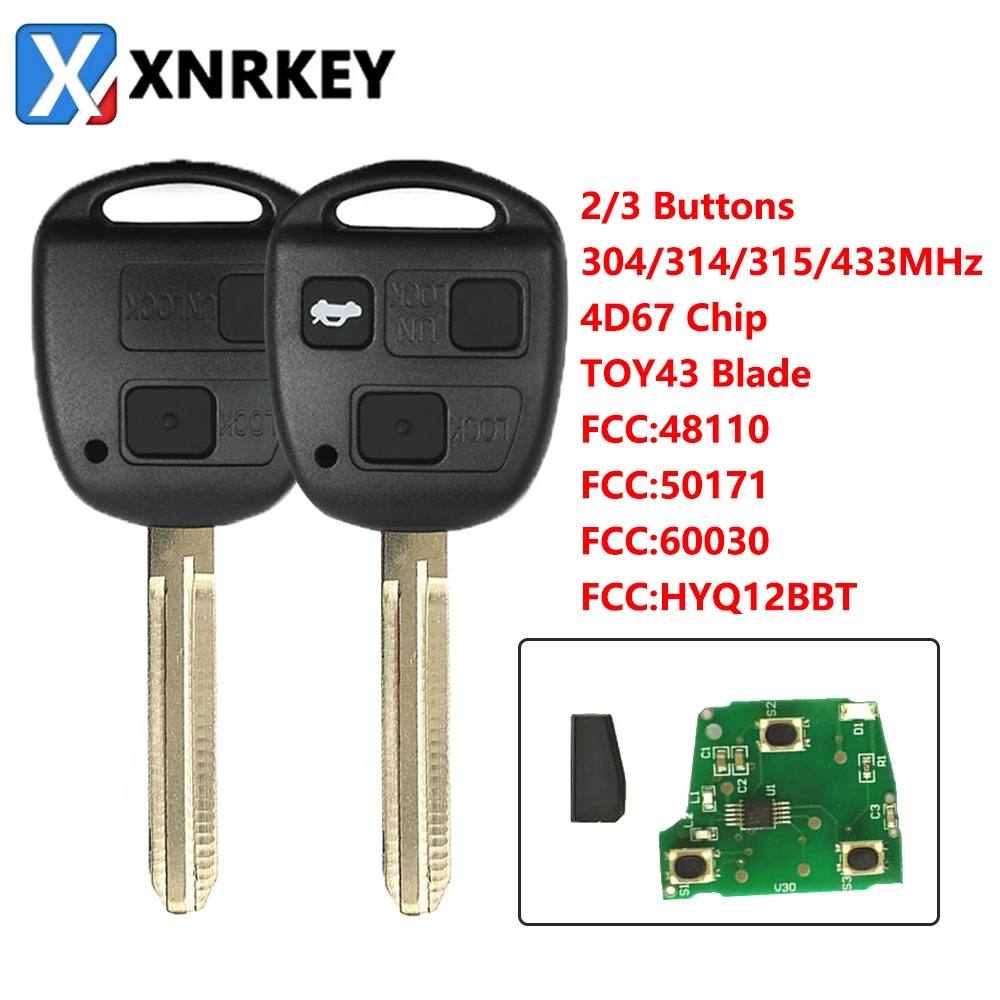 

XNRKEY 2/3 Button Smart Remote Car Key 4D67 Chip 304/314/315/433Mhz for Toyota Camry Corolla Land Cruser 120 Prado RAV4 Kluge