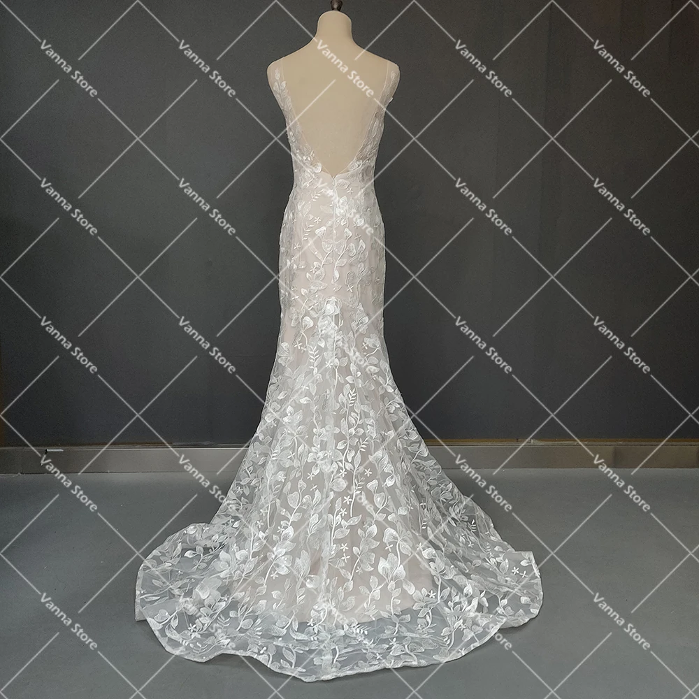 Vestido de novia de encaje bordado de sirena, Espalda descubierta, cuello en V, reloj de arena ajustado, Floral, hecho a medida, maxilentejuelas brillantes, vestidos de novia