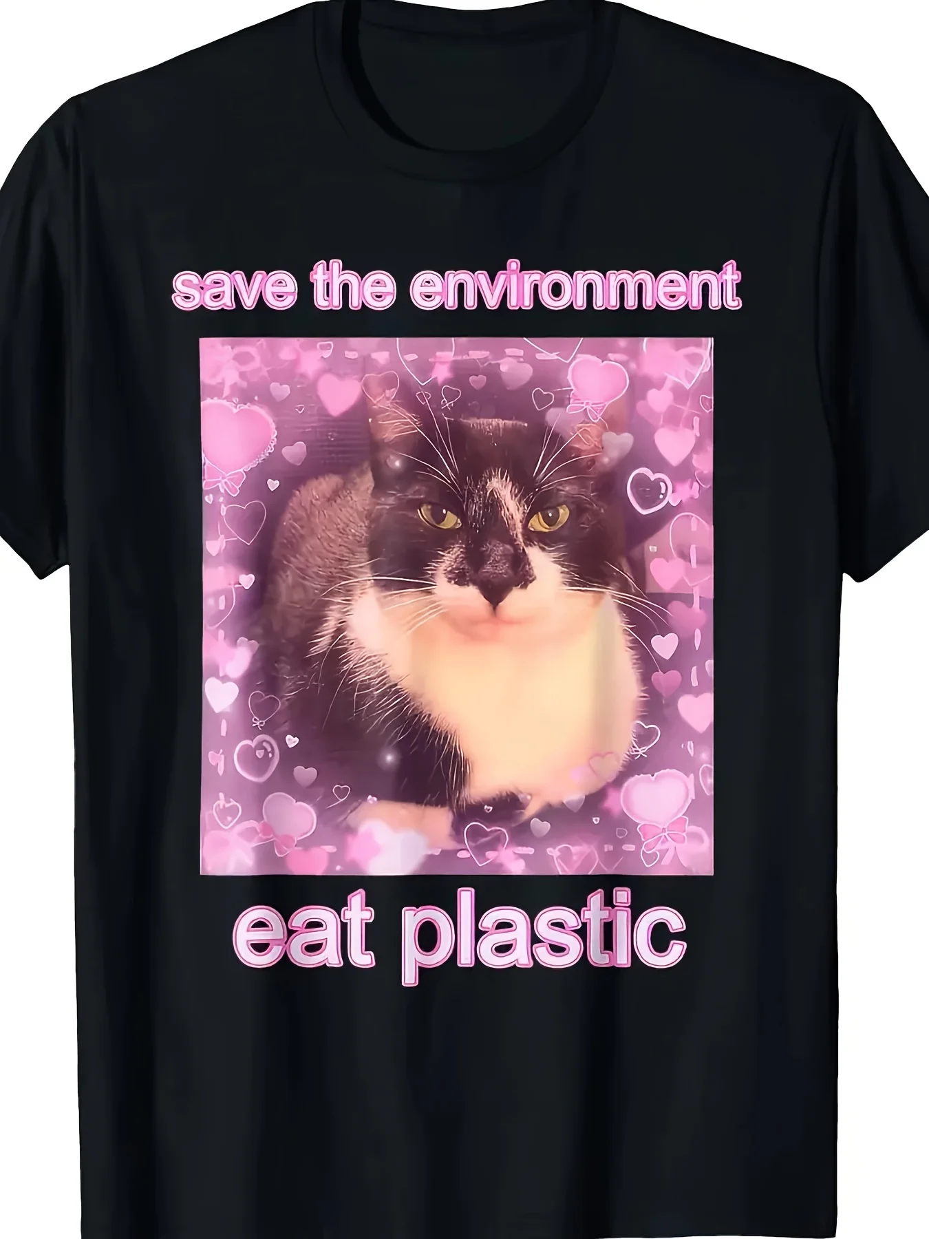Teen Funny Save The Environment Eat Plastic  T-Shirt - Suitable for Cat Lovers, Casual Round Neck Short Sleeve Top with Pink Hearts Print,  Casual Attire for  Parties (Regular Fit), for Teenager