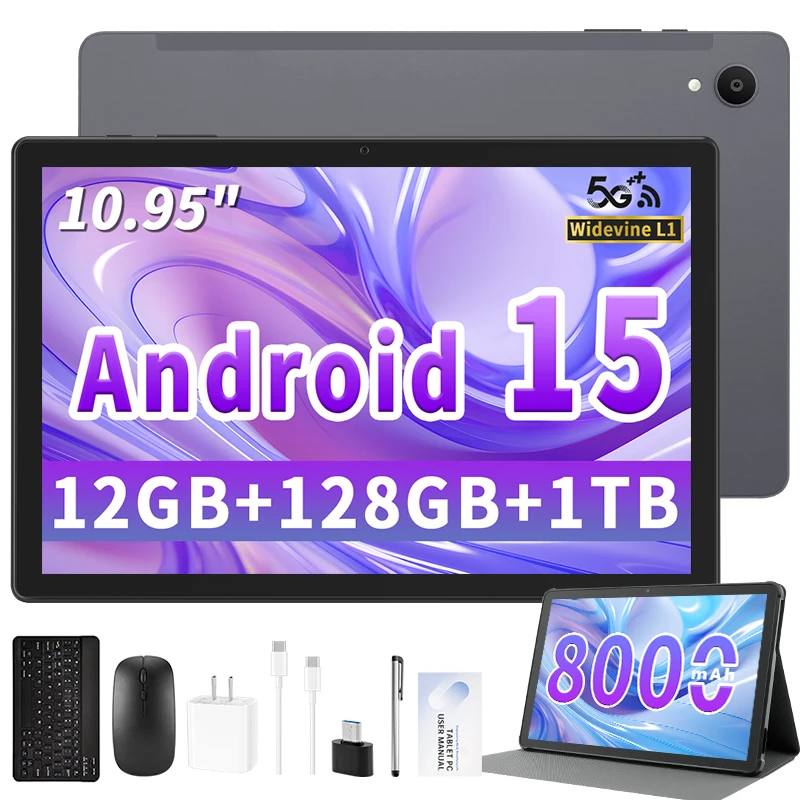 Tablet 10.95 inch Android 15 Tablets, 12GB RAM 128GB ROM 1TB Expand, Octa-core Processor, 1280x800 IPS, 8000mAh Battery (Black)
