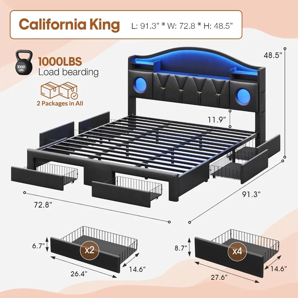 California King Upholstered Bed Frame, 6 Storage Drawers & LED Lights, Custom