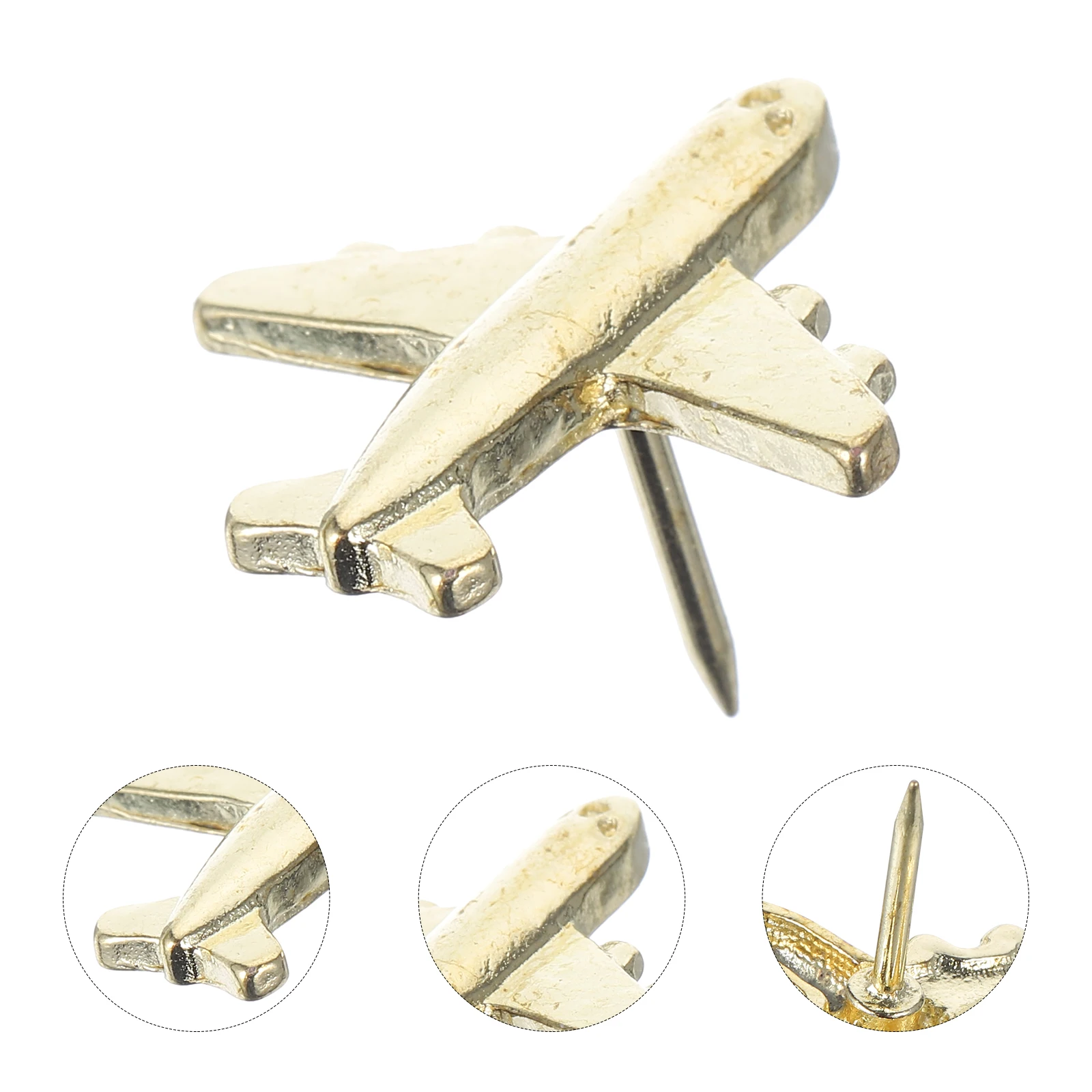 

12pcs Golden Metal Airplane Thumbtacks Wear Resistant Office Cork Board Map Pins Craft Travel Photos Decorative