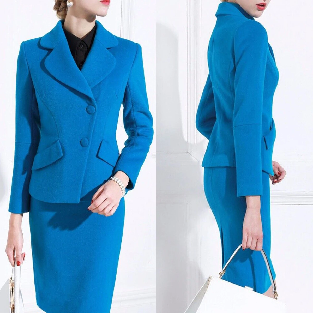 Abiti eleganti da donna abiti da ufficio a maniche lunghe in lana blu abbigliamento sportivo da donna Streetwear set da due pezzi