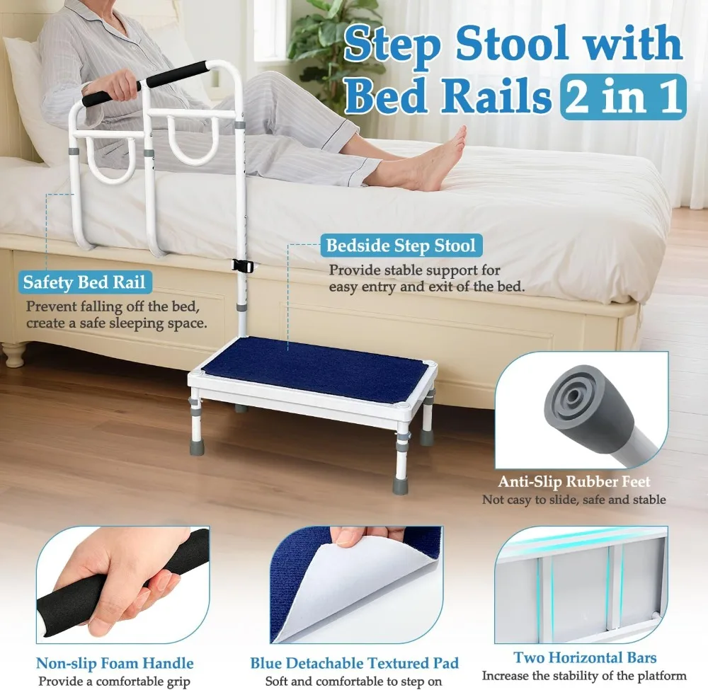

Adjustable Bed Step Stool with Handle for Elderly Safety, Anti-Slip Rails to Prevent Falls, 440 lbs Capacity for High Beds
