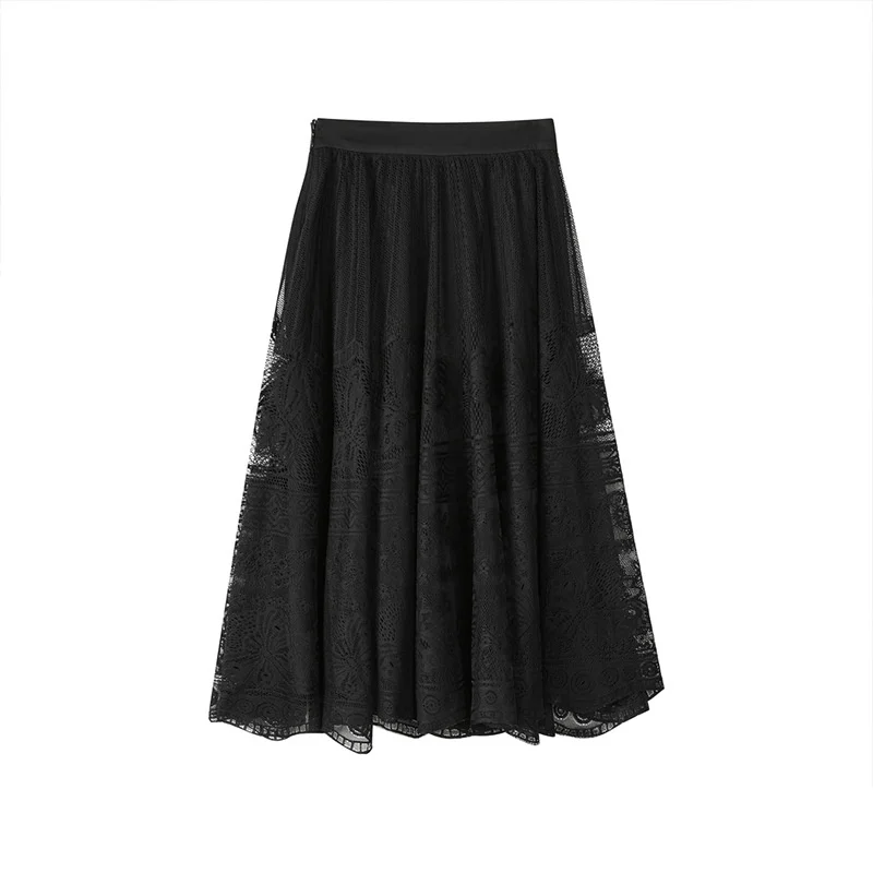 

Chivirin Lace Hollow out Bla Skirt Women's New Sle Vintage Elegance Midi Skirt Loose Fit A-Line Polyester Fiber