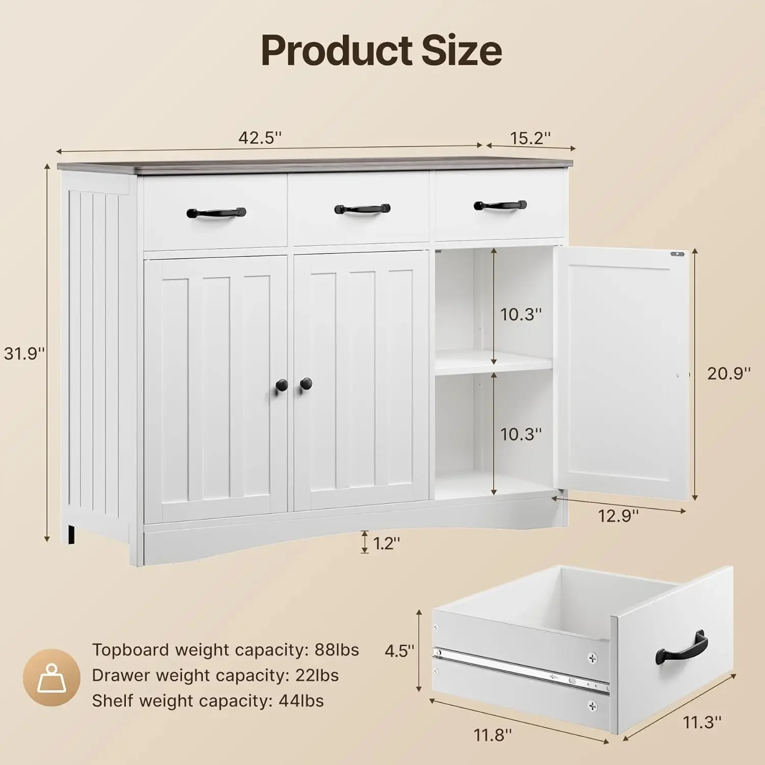 Storage Cabinet with 3 Drawers, Wood Buffet Sideboard with Adjustable Shelf, Large Cupboard for Kitchen, Dining