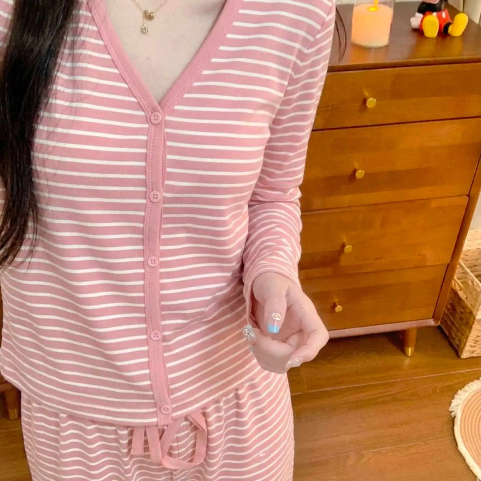 Women's Striped Long Sleeved Long Pants Sleepwear Set for Spring and Autumn Lazy Close Fitting Sleepwear, Home Sleepwear Set