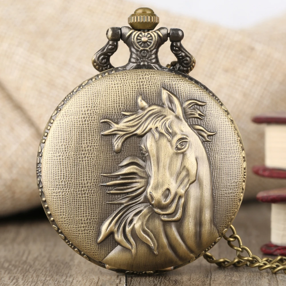 Retro Horse Pattern Quartz Pocket Watch Arabic Numerals Dial Necklace Pendant Clock Fob Chain Timepiece Gift for Men Women