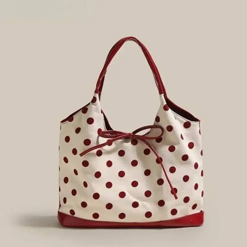 Bloom Retro Dot Red Handbag Women Versatile Bow Large Capacity Casual Shoulder Bags Ladies Sweet Cute Underarm Bag Aesthetic