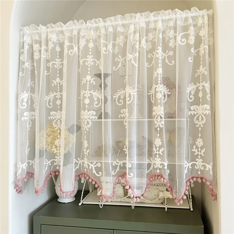 French Romantic Short Curtain White Lace Curtain Kitchen Bathroom Half Curtains for Livingroom Embroidery Door Curtain Custom