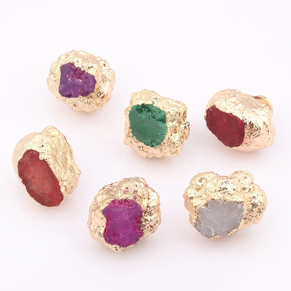 Colourful Natural Crystal Stone Furniture Handle Drawer Knob Rough Shape Brass Handles for Kitchen Cabinet Door  Cupboard Pulls