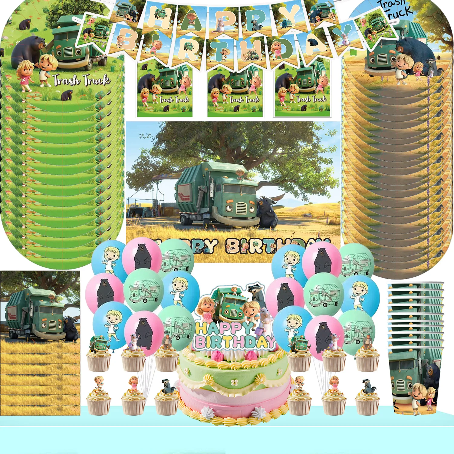 Trash Trucks Themed Party Tableware Cartoon Hank Garbage Happy Birthday Paper Plates Cups Napkins Banner Balloons for  Kids Boys
