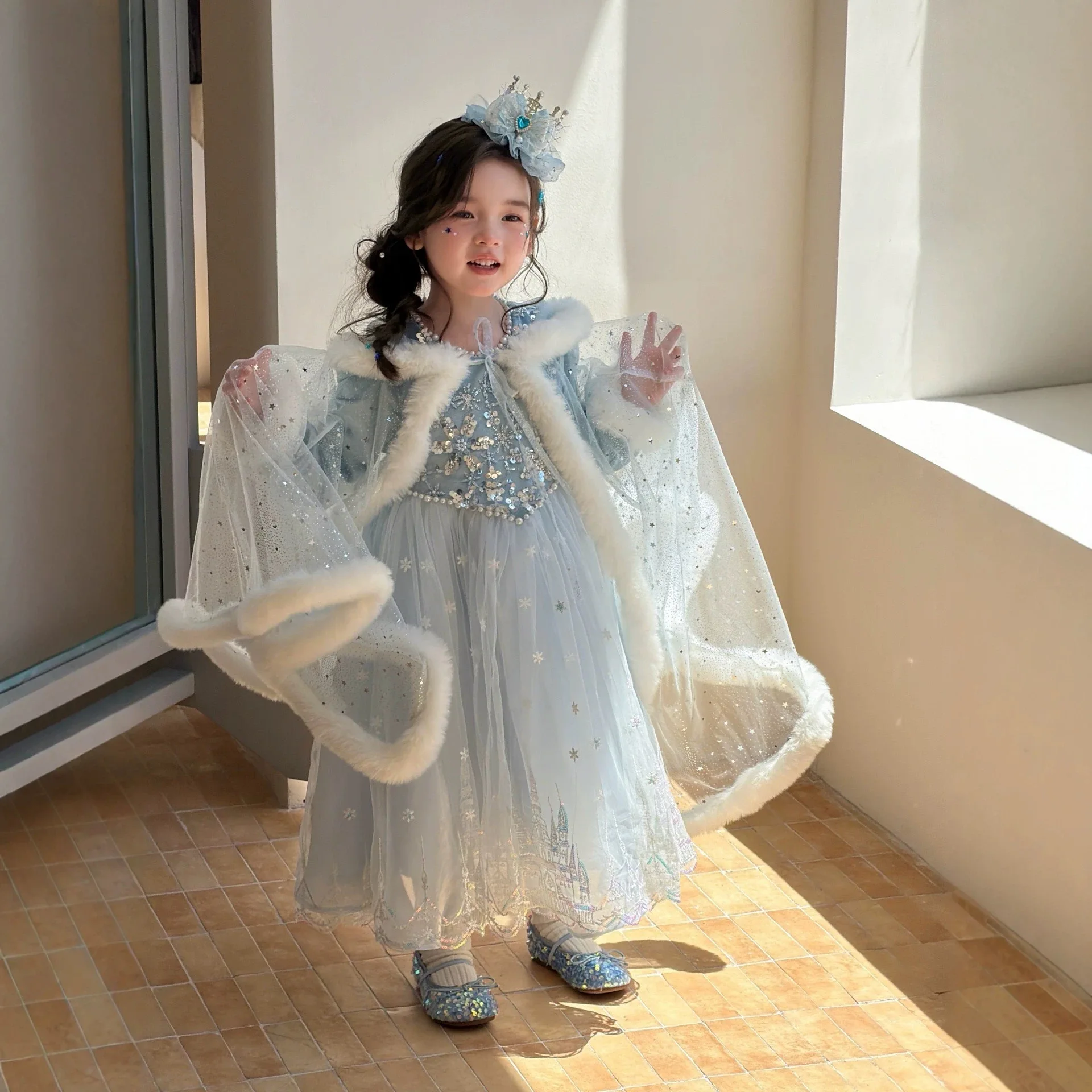Girl's Autumn and Winter New Princess Dress Baby Girl's Mesh Dress Cloak Two Piece Set Fashion Sweet Children Clothing