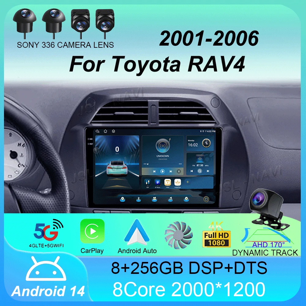 Car Radio Android 14 wireless Carplay Auto for Toyota RAV4 2001 - 2006 Navigation GPS Multimedia Player Stereo video wifi+4G BT