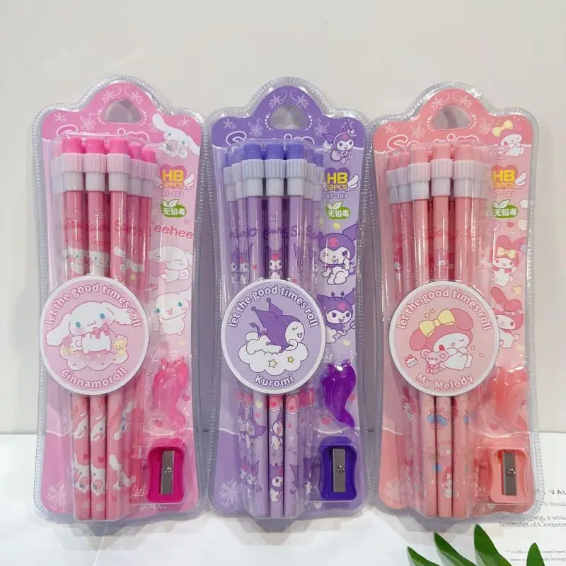 12 Packs Sanrioed My Melody Kuromi Pencil Set Ins Student Big Scalp Pencil Sharpener Set Learning Stationery Holiday Gifts