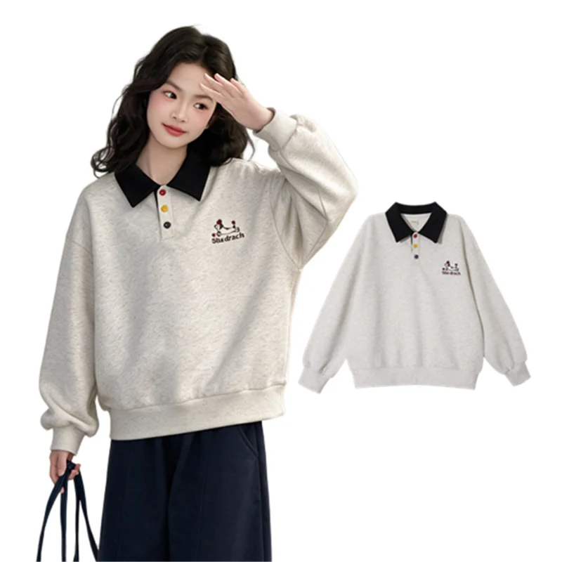 Korean Stylish Girls Polo Shirt Sweatshirt Children Long Sleeve Cotton Hoodie New Autumn Clothing Teenage Kids Casual Poloshirt