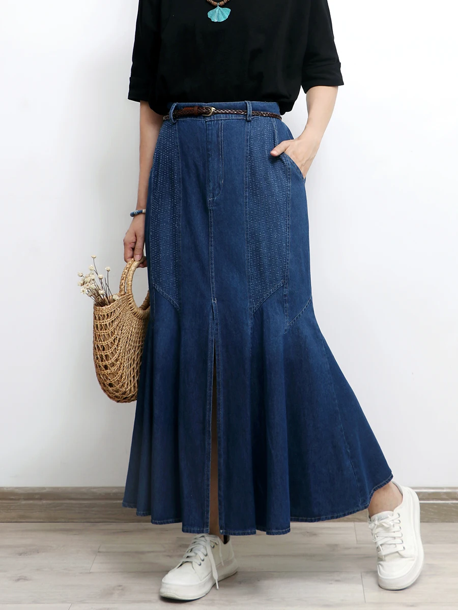 

TIYIHAILEY-Long Maxi Mermaid Style Slit Skirt for Women, Denim Jeans, Vintage Elastic Waist, Spring, Summer, New, 2024