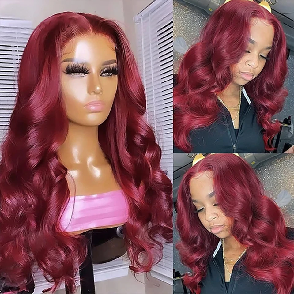 Perruque Lace Front Wig Body Wave Naturelle 100% Cheveux Humains, Rouge Bordeaux, Coloré 99J, 13x4, 13x6, HD, pour Femme