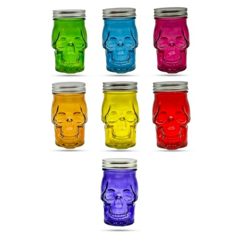 

14 oz Colorful Skull Glass Mason Jar – Mix & Match 7 Vibrant Colors, Large & Durable! (10, 14 oz)