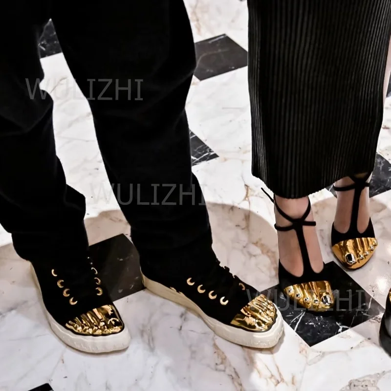 

Gold Metallic Graffiti Five Toe Sneakers Women Black Canvas White Flat Men Sport Patchwork Lace Up Pleated Gladiator Casual Shoe