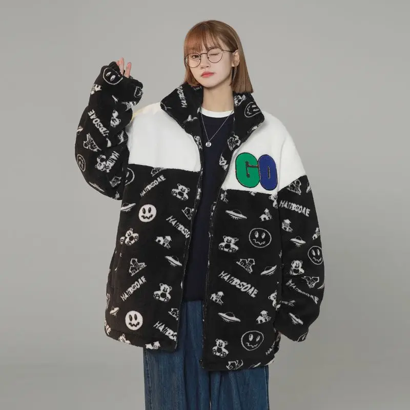 2024 New Ins Cotton Coat Loose Plush Cotton Coat Womens American Autumn/Winter Lamb Wool Stand up Collar Cotton women jacket