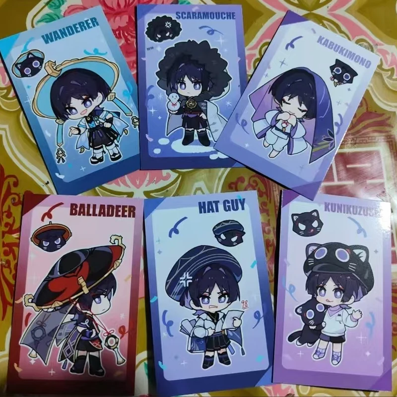 Lindo 6 unids/pack juego colección de Fans de dibujos animados tarjetas de personajes Wanderer Kabukimono Balladeer Scaramouche Kunikuzushi sombrero chico