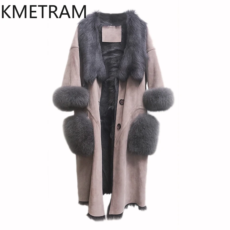 Veste de fourrure Double face en laine de chèvre naturelle pour femme, manteau Long de haute qualité en vraie fourrure, vêtements d'hiver pour femme, 2025 шу onder