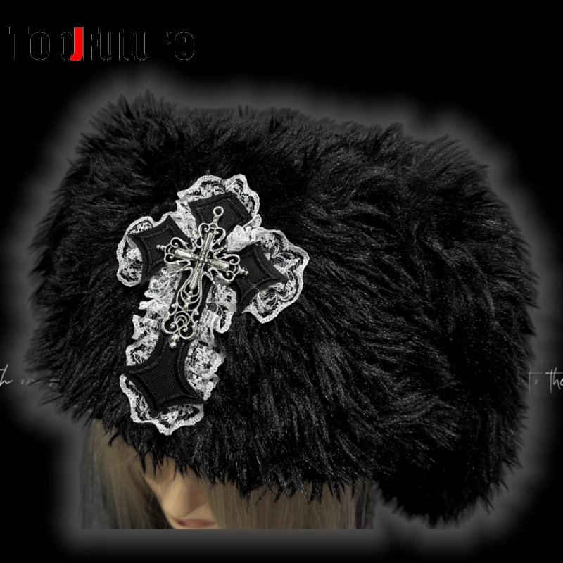 Women  Japanese Harajuku Y2K Girls Long Rabbit Ear Hat Gothic Lolita fluffy cross Warm Bunny Ear Caps Streetwear Beanie Hat