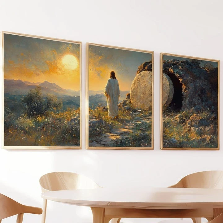 3pcs/set Empty Tomb Painting Easter Jesus Canvas Print He Is Not Here Because He Resurrected Wall Art Posters for Home Decor