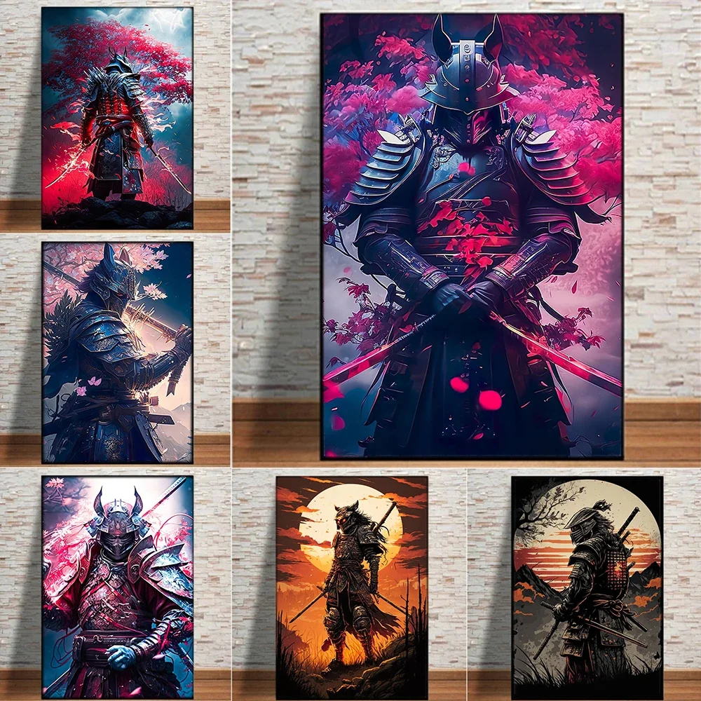 Black Samurai Cherry Blossom Samurai Figure Art Painting Wallpaper Posters and Printmaking Living Room Home Decoration Poster