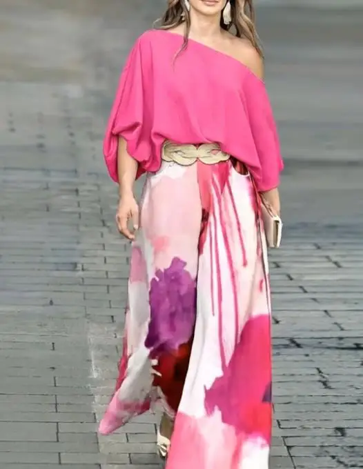 

Комплект из широких брюк с косой шеей и рукавами «летучая мышь» с эластичным подолом и повседневным комплектом широких брюк на молнии с акварельным принтом на талии, без пояса