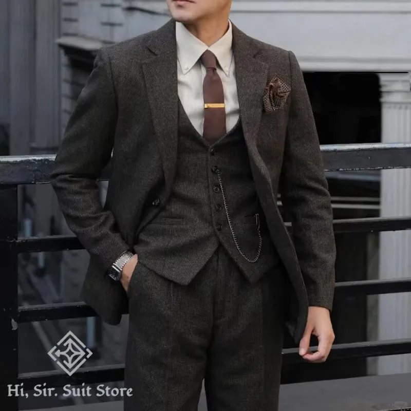 

Мужской костюм-тройка с острыми козырьками, винтажный клетчатый шерстяной осенне-зимний тяжелый новый стильный пиджак + жилет + брюки, облегающий деловой костюм