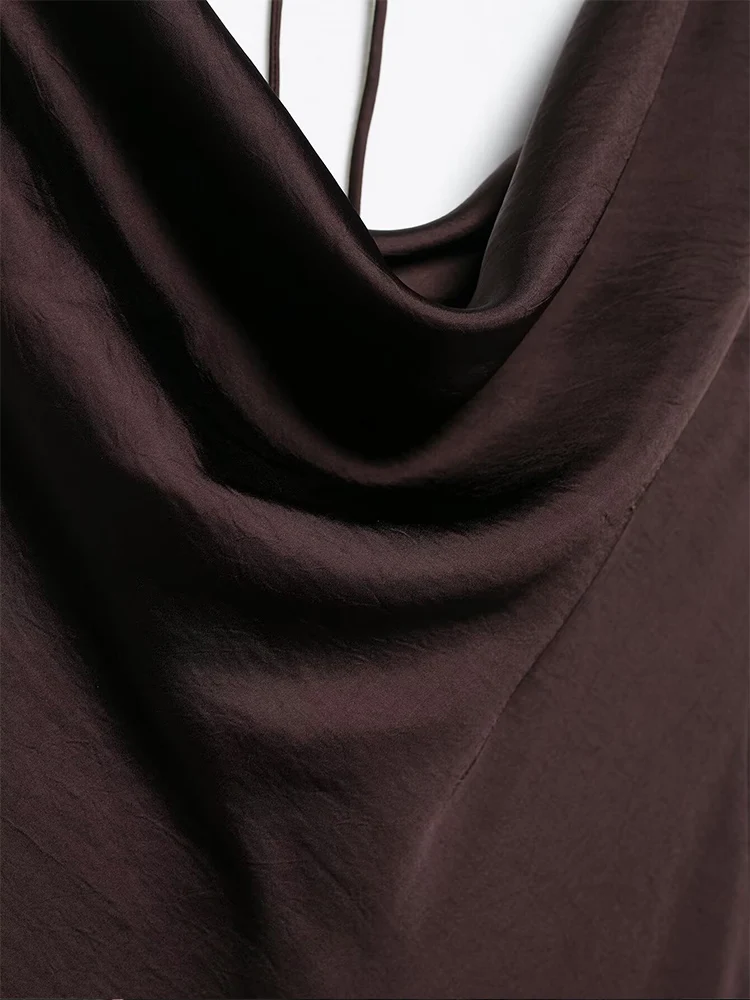 Europejski i amerykański styl wiosenny nowy trend w modzie damskiej temperament satynowa tekstura drapowany kołnierz sukienka bez pleców