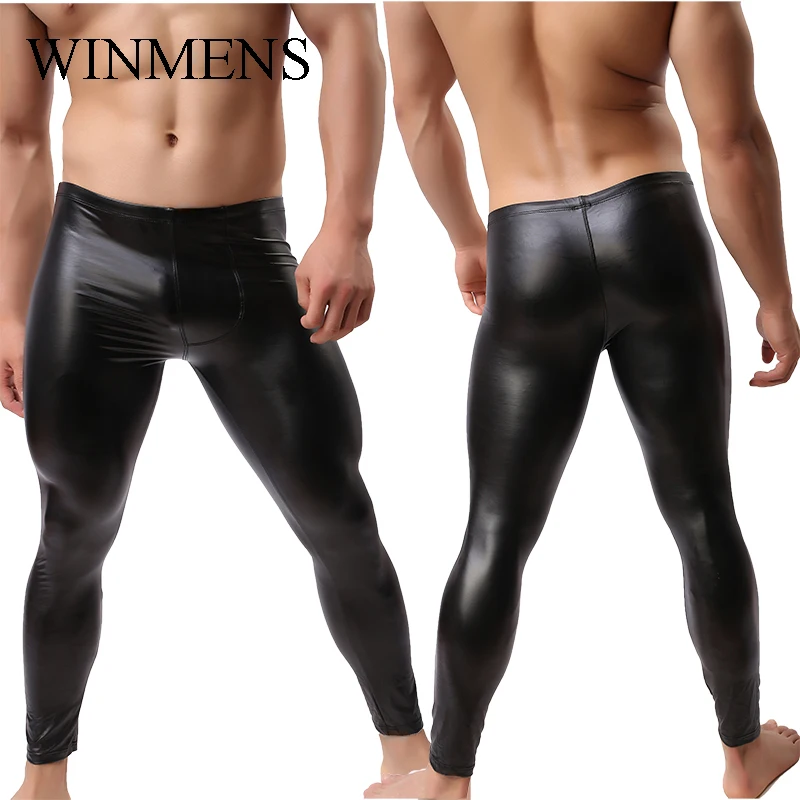 Pantalones de cuero para hombre, PU negro, ajustados, largos, elásticos, cintura baja, trajes de espectáculo escénico, pantalones ajustados