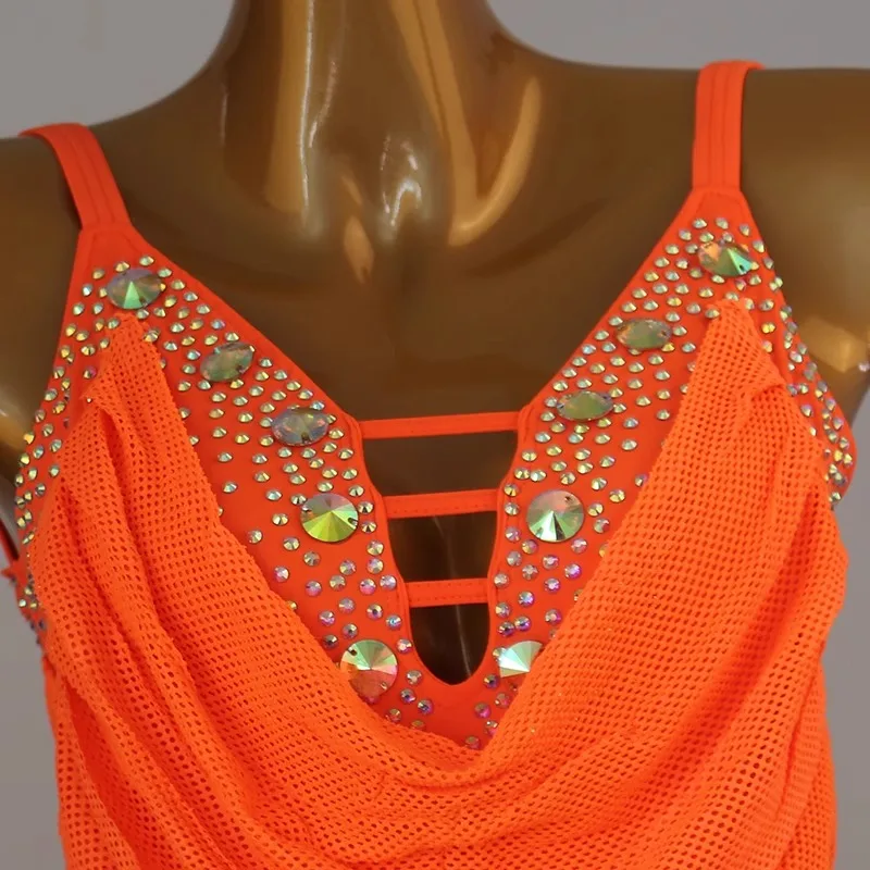 하이 엔드 느낌의 오렌지 라틴 댄스 드레스 원피스 서스펜더 라틴 댄스 공연 경쟁 드레스 댄스 드레스 Q434