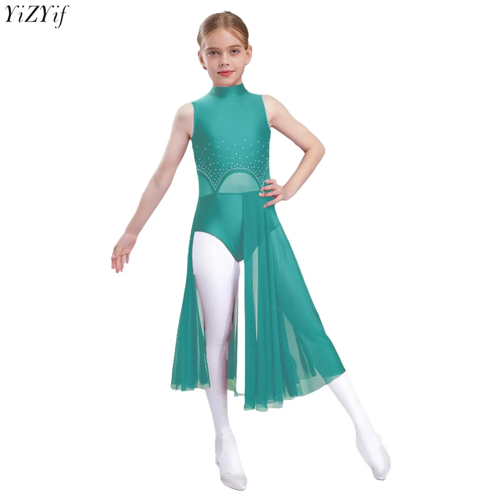 

Kids Girls Contemporary Lyrical Dance Dress Sleeveless Rhinestones Sheer Mesh Patchwork Split Leotard Dress Ballet Dancewear