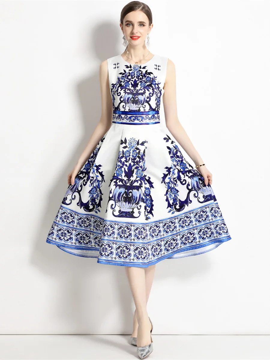 Robe d'été Vintage à fleurs, jaune, bleu, rose, sans manches, col rond, imprimé Floral, gilet Slim, mi-longue, tenue de soirée