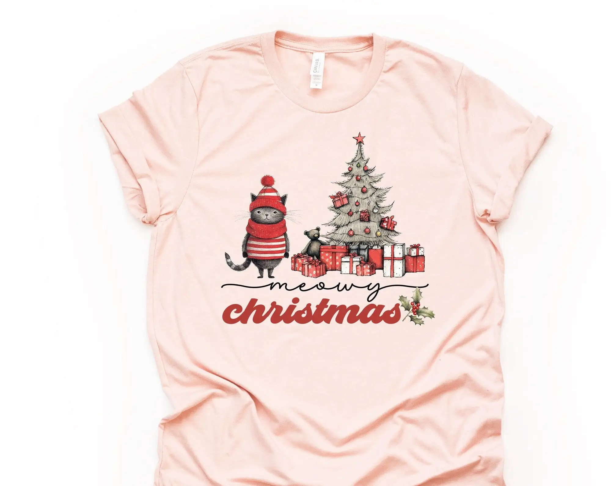 Christmas Dog Tee,Cute Meowy Christmas, Unique Cat & Christmas Tree, premium unisex shirt, 3 color choices, 3x christmas, 4x