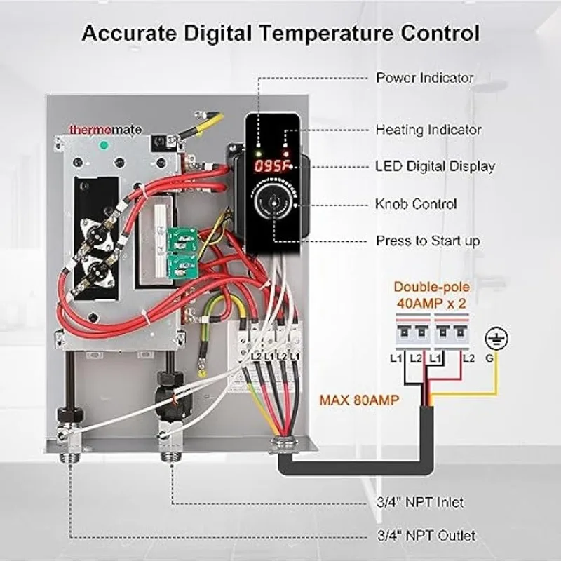 전기 탱크리스 온수기, 무한 온수기, 디지털 온도 디스플레이, 쉬운 설치, 18kW, 240 볼트