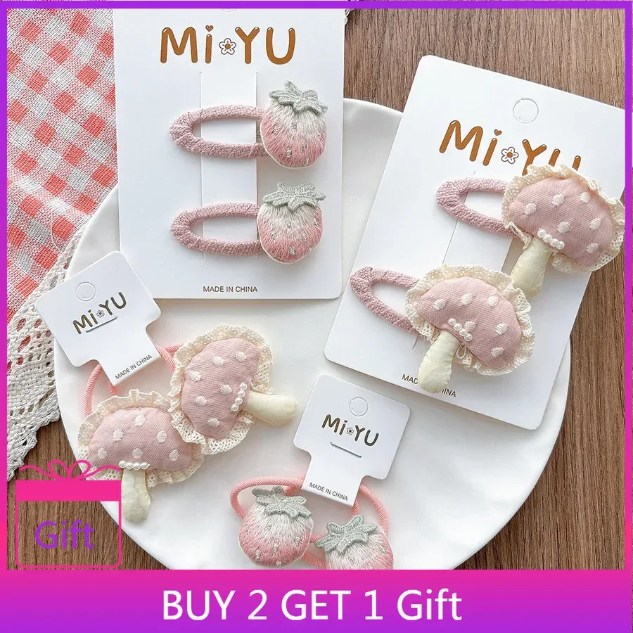 

Korean Style Sweet Soft Pink Tone Embroidered Strawberry Kids BB Clips Hairpins Girls Lace Mushroom Side Hair Ties