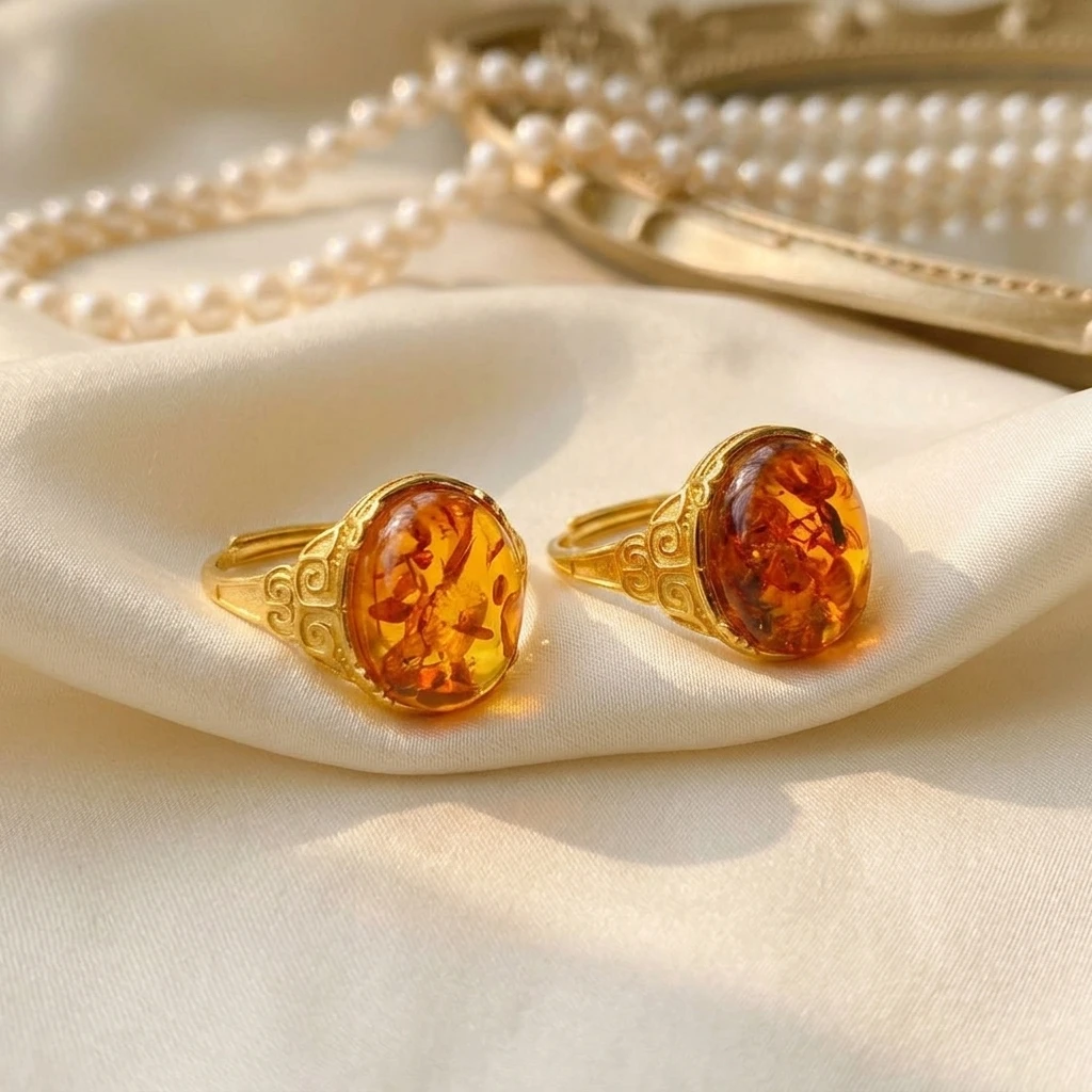 Certificated Natural Piebald Honey Amber Ring 18k Real Gold Thick Plated Pinky Tail Band Genderless Big Gemstone Fine Jewellery