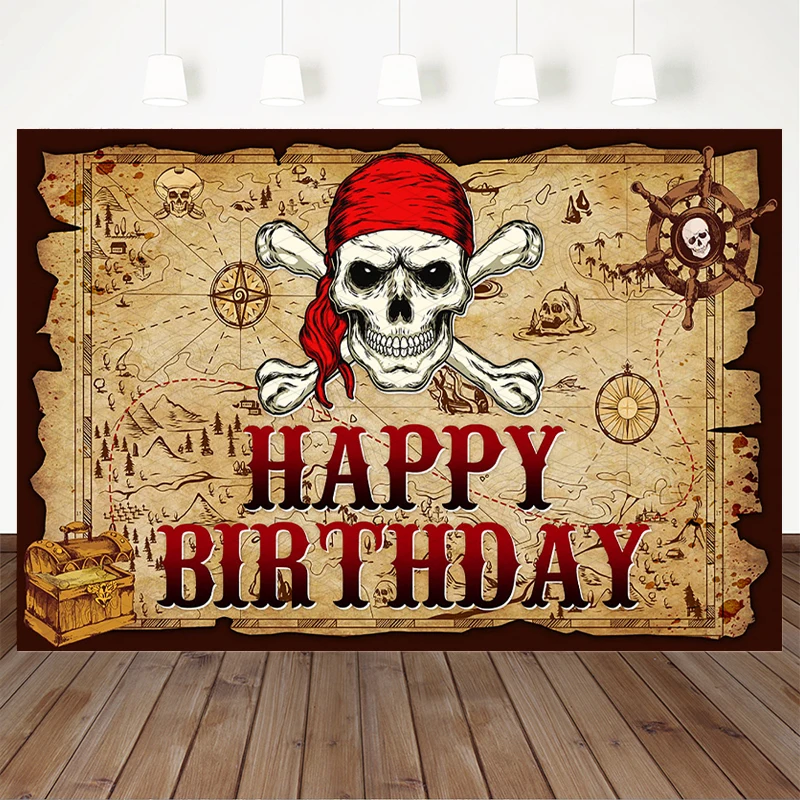Mocsicka Vintage Pirate Treasure Map Happy Birthday Backdrop Skull Crossbone Boy Photography Background Adventure Kid Party Prop