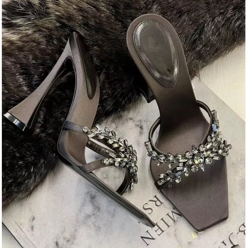 2026 New Summer Women's High Heel Slippers Fashion Crystal Open Toe Slides Designer Luxury Ladies Stripper Party Sandalias