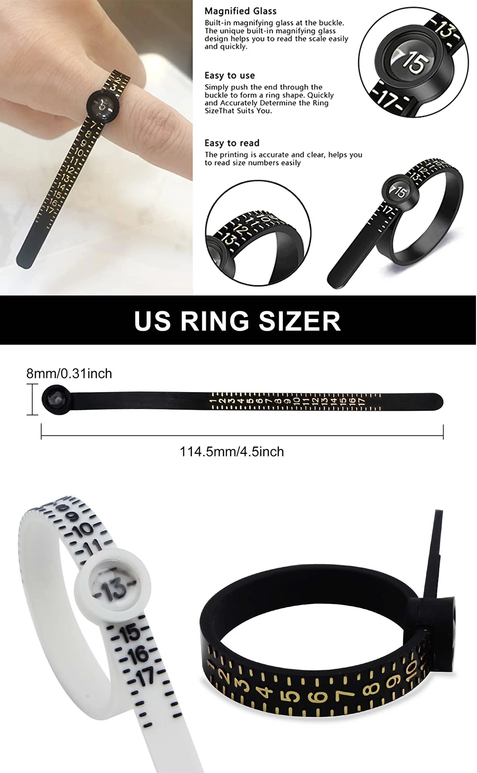 PHYHOO Us Uk EU Plastic Finger Size Band Gauge Ring Measurement Belt Adjustable Magnifier Ring Sizer for Women Men